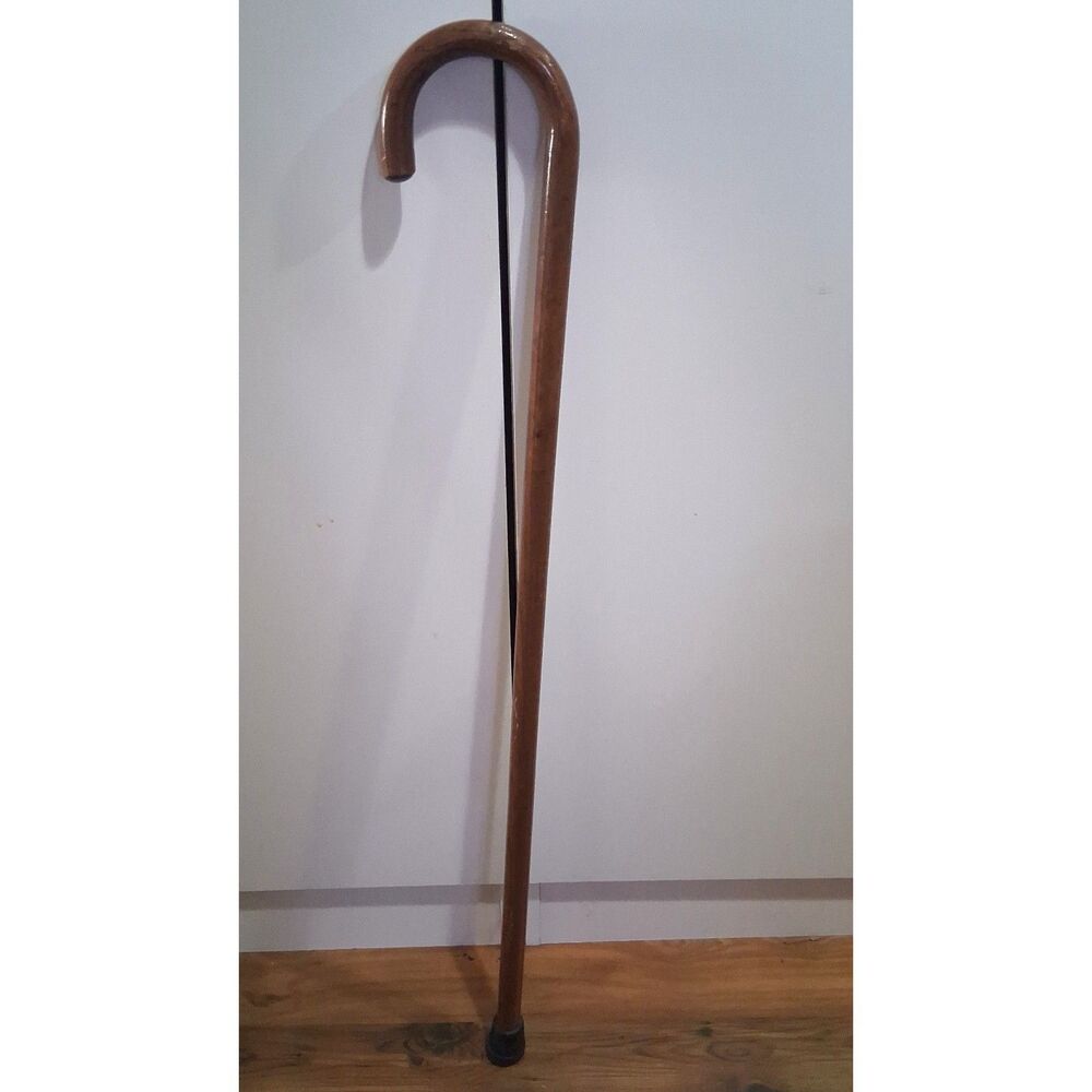 36" Vintage Birch Wood Classic Crook Handle Rubber Tip Wooden Walking Stick Cane